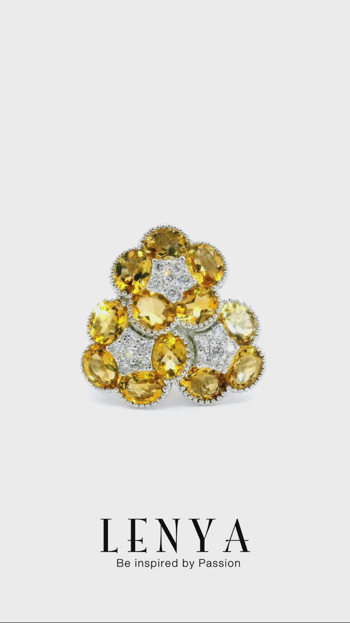 LENYA แหวนพลอยซิทริน(Citrine) ดีไซน์สุดแสนน่ารัก ด้วยดอกไม้ซ้อนกันถึง 3 ดอก บนตัวเรือนเงินแท้ชุบทองคำขาว