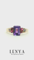 LENYA แหวนเงินแท้ ประดับพลอยอะเมทิสต์(Amathyst) พิงค์แซปไฟร์ (Pink Sapphire) และ ทับทิม (Ruby) ชุบพิงค์โกลด์