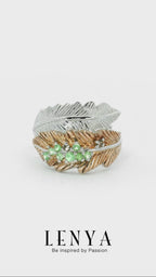 LENYA แหวน  ดีไซน์ทรงใบไม้ 2 ใบประดับพลอย ซาโวไรท์ (Tsavorite) และสโมคกี้ควอทซ์ (Smoky Quartz) ตัวเรือนเงินแท้ชุบสีแบบทูโทน ชุบทองคำขาว และทองคำแท้