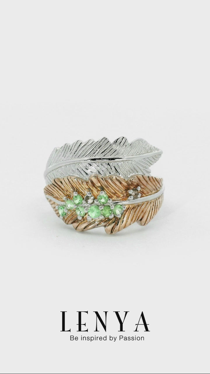 LENYA แหวน  ดีไซน์ทรงใบไม้ 2 ใบประดับพลอย ซาโวไรท์ (Tsavorite) และสโมคกี้ควอทซ์ (Smoky Quartz) ตัวเรือนเงินแท้ชุบสีแบบทูโทน ชุบทองคำขาว และทองคำแท้
