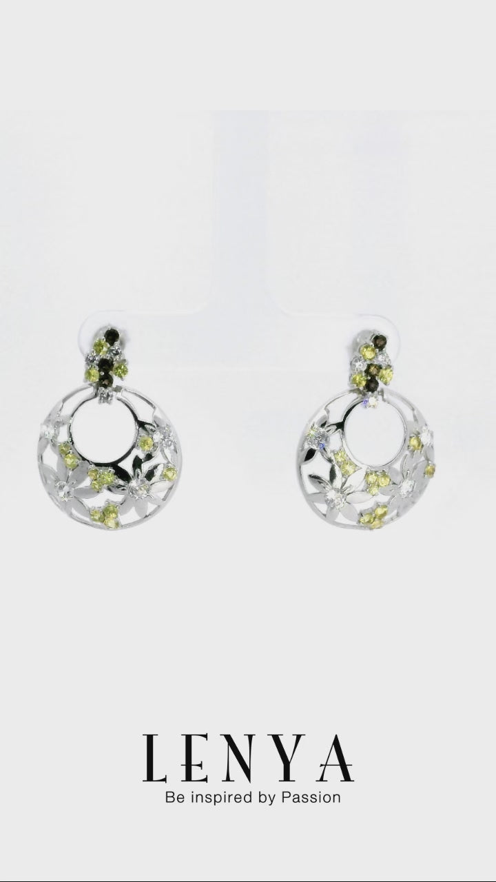 LENYA ต่างหูเงินแท้ 925 ชุบทองขาว ประดับบุษราคัม (Yellow Sapphire) สโมคกี้ควอทซ์ (Smoky Quartz) เพชร DiamondLike  ฉลุลายดอกไม้น่ารัก