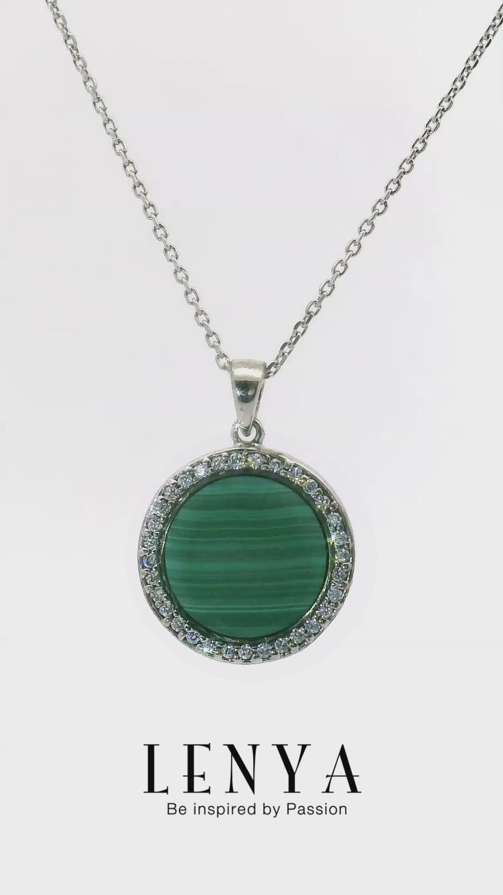 LENYA จี้มาลาไคท์(Malachite) ล้อมด้วย คิวบิกเซอร์โคเนีย (Cubic Zirconia) เม็ดเล็กสีขาว ตัวเรือนเงินแท้ 925 ชุบทองขาว