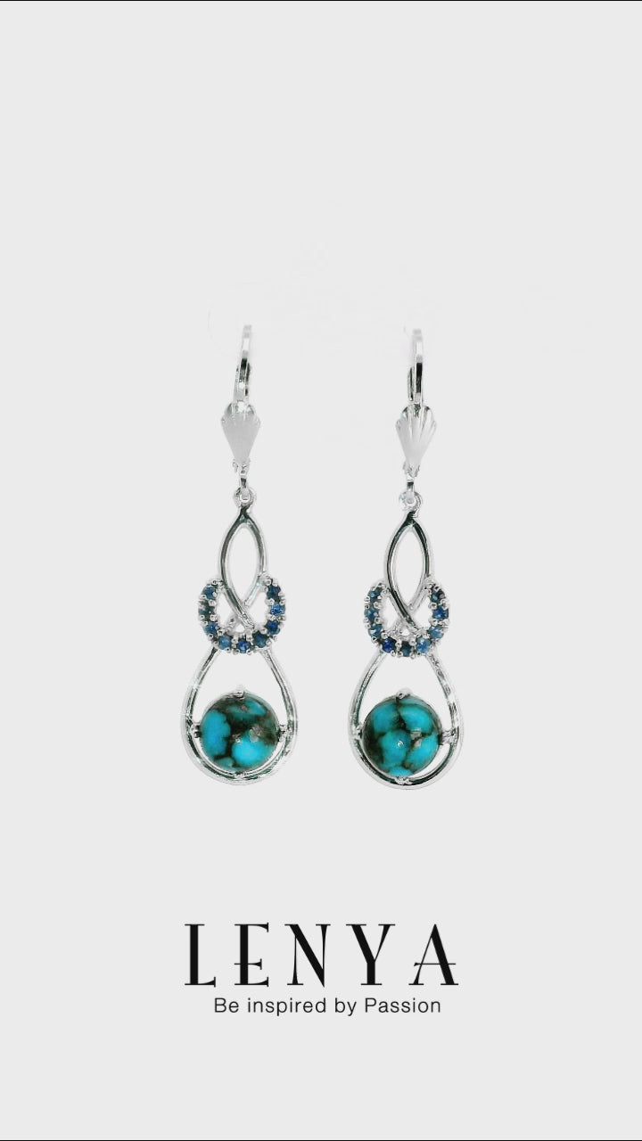LENYA ต่างหูพลอยเทอร์ควอยซ์(Turquoise) หลังเบี้ย ประดับด้วย ซัฟไฟร์สีฟ้า(Blue Sapphire) ดีไซน์ที่ไม่เหมือนใคร ตัวเรือนเงินแท้ 925 ชุบทองขาว