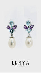 LENYA ต่างหูเงินแท้ 925 ชุบด้วยทองคำขาว ประดับด้วยไข่มุก(Pearl) อเมทิส(Amethyst) และ บลูโทแพซ (Blue Topaz) ดีไซน์น่ารัก เพิ่มความหรูเล็กๆ ดีไซน์น่ารัก