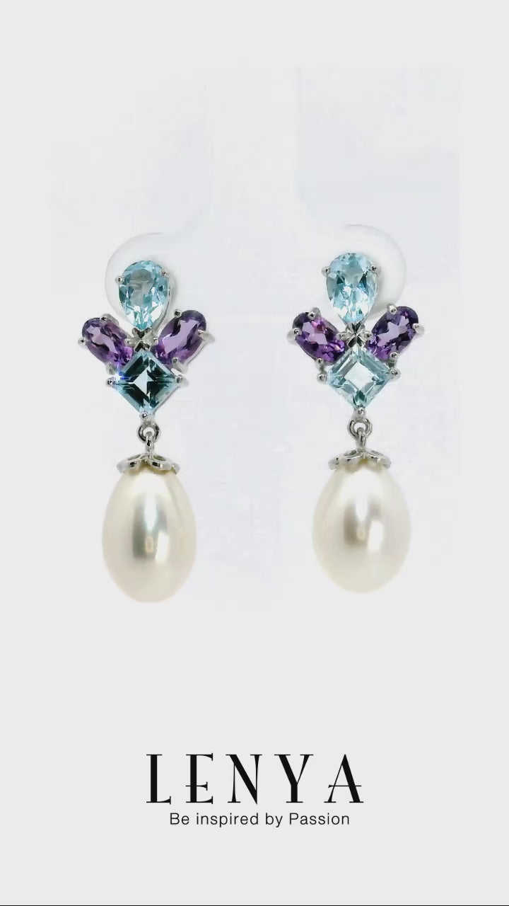 LENYA ต่างหูเงินแท้ 925 ชุบด้วยทองคำขาว ประดับด้วยไข่มุก(Pearl) อเมทิส(Amethyst) และ บลูโทแพซ (Blue Topaz) ดีไซน์น่ารัก เพิ่มความหรูเล็กๆ ดีไซน์น่ารัก
