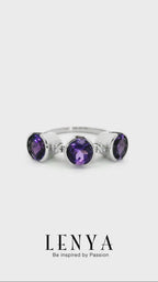 LENYA แหวนพลอยอเมทีสต์ (Amethyst)  ดีไซน์แปลกไม่เหมือนใคร บนตัวเรือนเงินแท้ชุบทองคำขาว