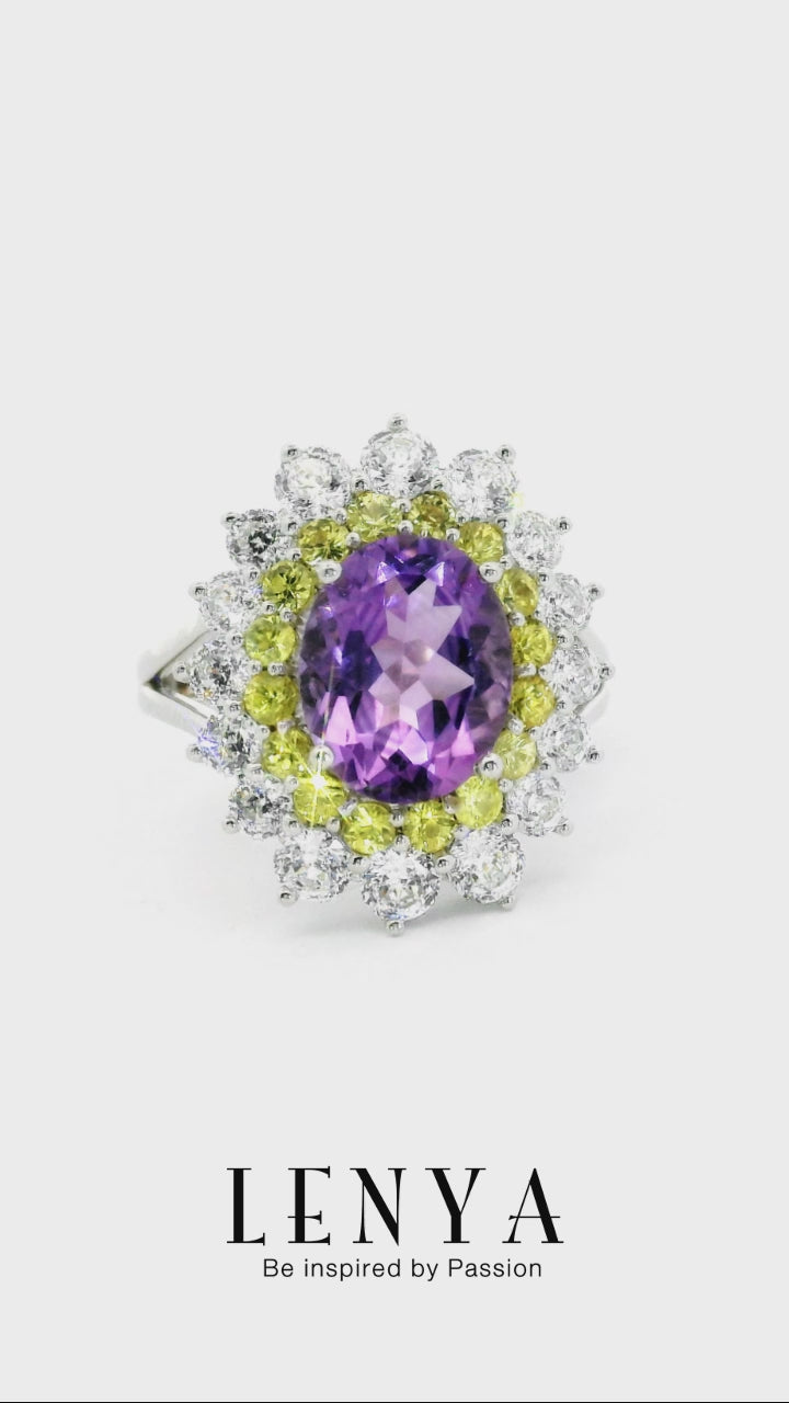 LENYA แหวนเงินแท้ประดับพลอยอเมทิสต์ ล้อมรอบด้วย Yellow Sapphire และ CZ