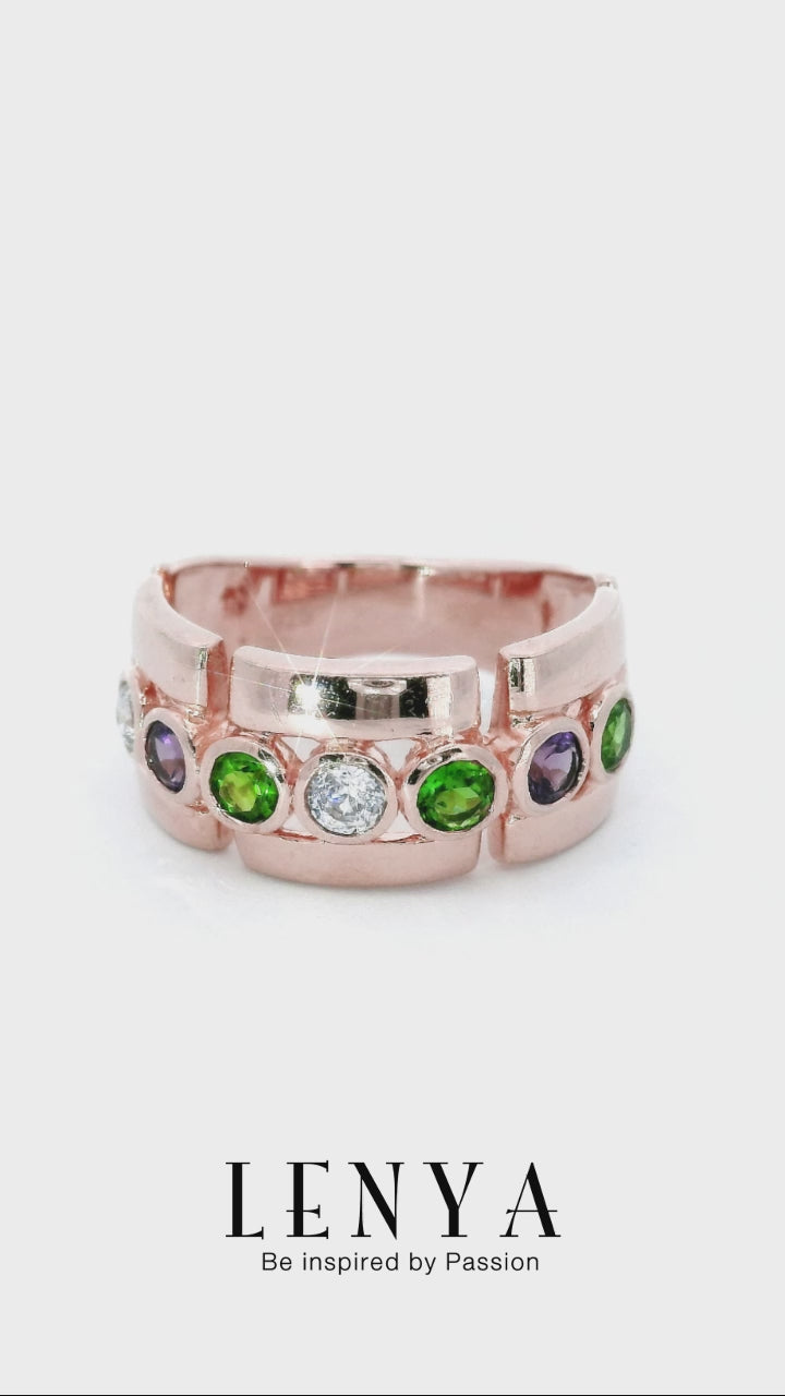 LENYA แหวนพลอย 3สี ประดับด้วยอเมทีสต์ (Amethyst) โครมไดออพไซด์(Chrome Diopside) และ คิวบิกเซอร์โคเนีย (Cubic Zirconia)ตัวเรือนเงินแท้ 925 ชุบทองพิ้งค์โกลด์