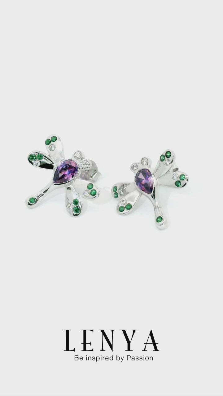 LENYA ต่างหู CZ สีม่วง จาก Swarovski ดีไซน์เก๋ทันสมัย ขนาด 6x4 มิล ตัวเรือนเงินแท้ 925 ชุบทองคำขาว