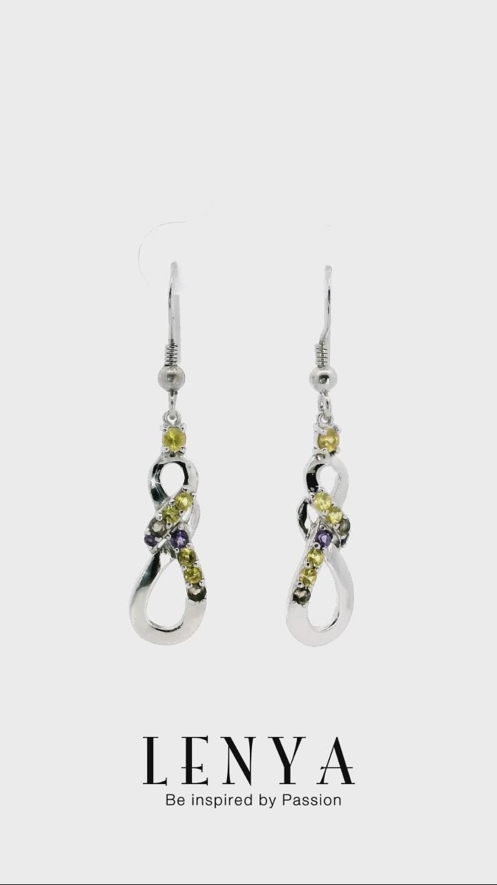 LENYA ต่างหูเงินแท้ 925 ชุบทองขาว ประดับพลอย บุษราคัม(Yellow Sapphire) สโมคกี้ควอตซ์ (Smoky Quartz) และ อเมทีส (Amethyst)