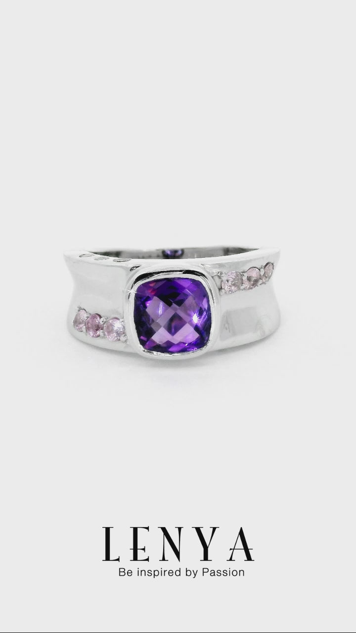 LENYA แหวนประดับอะเมทิสต์(Amethyst) สีม่วง พิ้งค์แซฟไฟซ์(Pink Sapphire) สีชมพู และเพชรDiamondLike ตัวเรือนเงินแท้ชุบทองคำขาว