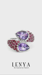 LENYA แหวน อเมทีสต์ (Amethyst) ตัวเรือนเงินแท้ 925 ชุบทองขาว ประดับด้วยพลอย ทับทิม(Ruby) สีแดง