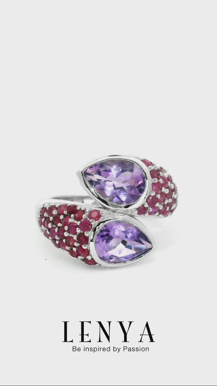 LENYA แหวน อเมทีสต์ (Amethyst) ตัวเรือนเงินแท้ 925 ชุบทองขาว ประดับด้วยพลอย ทับทิม(Ruby) สีแดง
