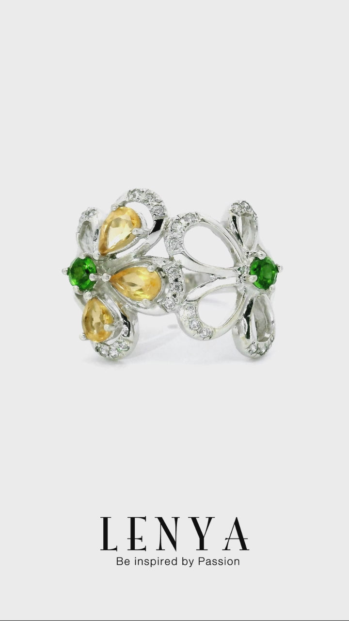 LENYA แหวนตัวเรือนเงินแท้ 925 ชุบทองขาว ประดับด้วยพลอย ซิทริน(Citrine) โครมไดออพไซด์(Chrome Diopside) และ คิวบิกเซอร์โคเนีย (Cubic Zirconia)