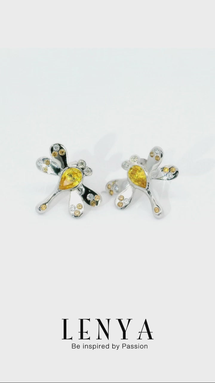 LENYA ต่างหู CZ สีเหลือง จาก SWAROVSKI ดีไซน์เก๋ทันสมัย ขนาด 6x4 มิล ตัวเรือนเงินแท้925 ชุบทองคำขาว