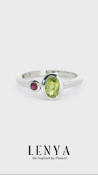LENYA แหวนพลอยเพอริดอท(Peridot) ประดับพลอยทับทิม(Ruby) เหมาะสวมใส่ได้ทุกวัน ตัวเรือนเงินแท้ชุบทองคำขาว