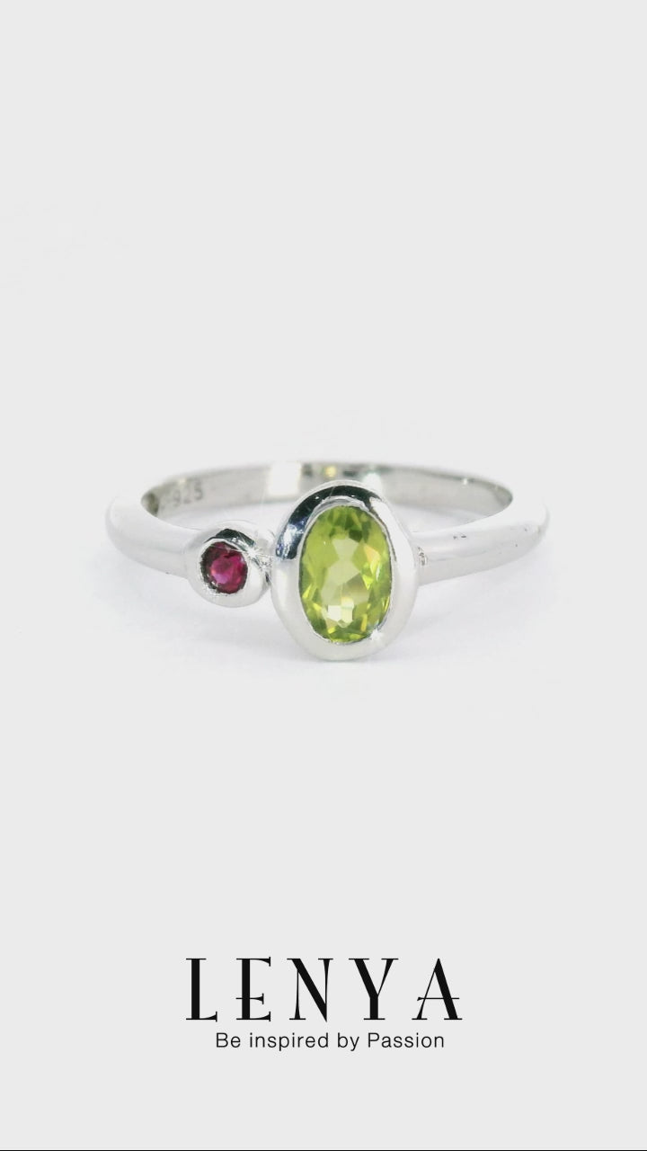 LENYA แหวนพลอยเพอริดอท(Peridot) ประดับพลอยทับทิม(Ruby) เหมาะสวมใส่ได้ทุกวัน ตัวเรือนเงินแท้ชุบทองคำขาว