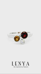 LENYA แหวนพลอยสามสี โกเมน (Garnet) ซิทริน (Citrine) และเพชร DiamondLike ดีไซน์เก๋ บนตัวเรือนเงินแท้ชุบทองคำขาว