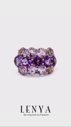 LENYA แหวนพลอยอเมทิสต์ (Amethyst) ประดับพลอยสีม่วงเข้มขนาบด้วยพลอยสีม่วงอ่อน หรูหราและโดดเด่น บนตัวเรือนเงินแท้ชุบพิ้งค์โกลด์