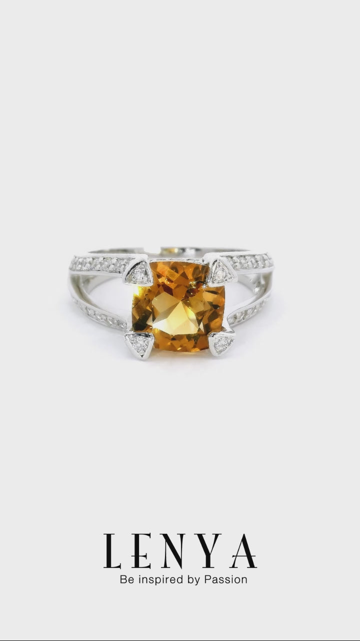 LENYA แหวนพลอยซิทริน(Citrine)  ชูช่อสวยงามด้วยบ่าข้างประดับเพชร DiamondLike บนตัวเรือนเงินแท้ชุบทองคำขาว