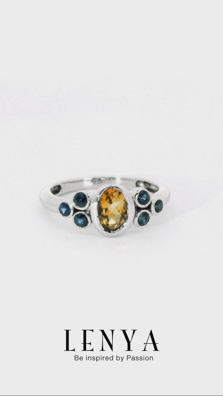 LENYA แหวนพลอยซิทริน(Citrine) ประดับพลอยไพลิน(Blue Sapphire) เหมาะสวมใส่ได้ทุกวัน ตัวเรือนเงินแท้ชุบทองคำขาว