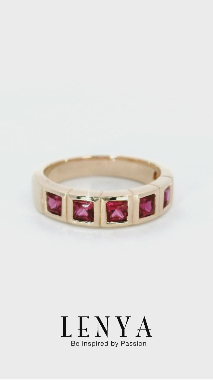LENYA แหวนพลอยสีแดง จาก Swarovski เสริมรสนิยม ขนาด 3x3 มิล ตัวเรือนเงินแท้925 ชุบพิงค์โกลด์