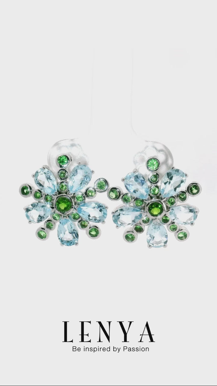 LENYA ต่างหูเงินแท้ 925 ชุบทองขาว ประดับด้วย บลูโทแพซ(Blue Topaz) โครมไดออพไซด์(Chrome Diopsidie) และ ซาโวไรท์( Tsavolite)