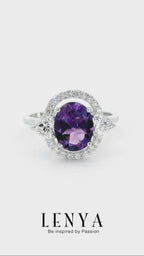 LENYA แหวนอเมทิสต์(Amethyst) อมตะด้วยเพชรDiamondLikeล้อมที่สวยทุกกาลสมัย ตัวเรือนเงินแท้ชุบทองคำขาว