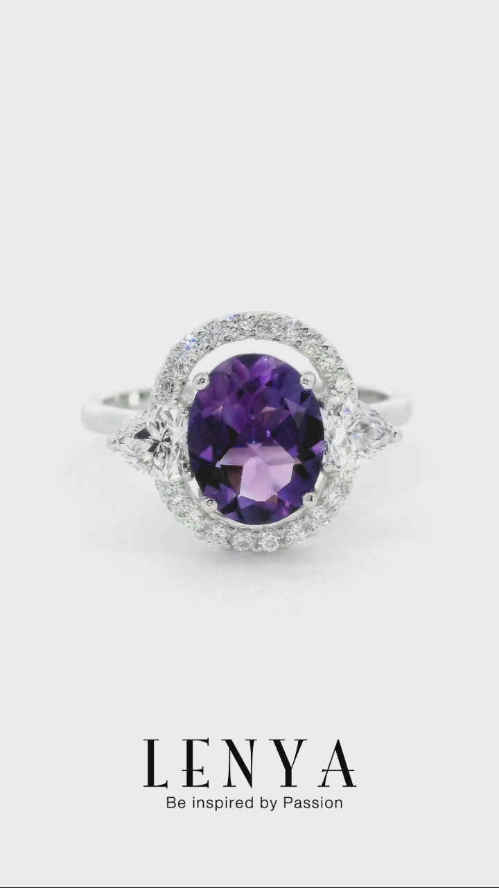 LENYA แหวนอเมทิสต์(Amethyst) อมตะด้วยเพชรDiamondLikeล้อมที่สวยทุกกาลสมัย ตัวเรือนเงินแท้ชุบทองคำขาว