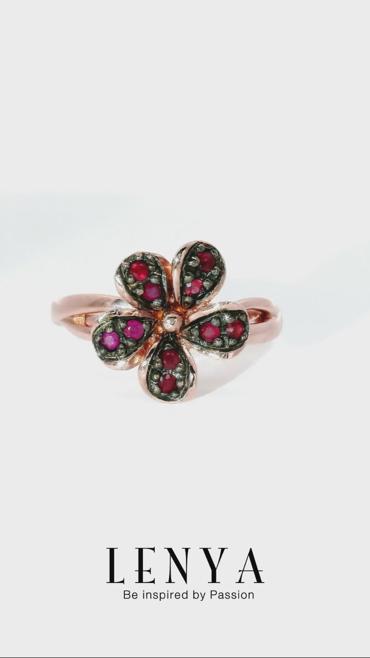 LENYA แหวนเงินแท้ 925 ดีไซน์ดอกไม้ ประดับด้วยพลอย ทับทิม(Ruby) สีแดง ชุบ 2สี Black Rhodium and Pink Gold