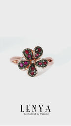 LENYA แหวนเงินแท้ 925 ดีไซน์ดอกไม้ ประดับด้วยพลอย ทับทิม(Ruby) สีแดง ชุบ 2สี Black Rhodium and Pink Gold
