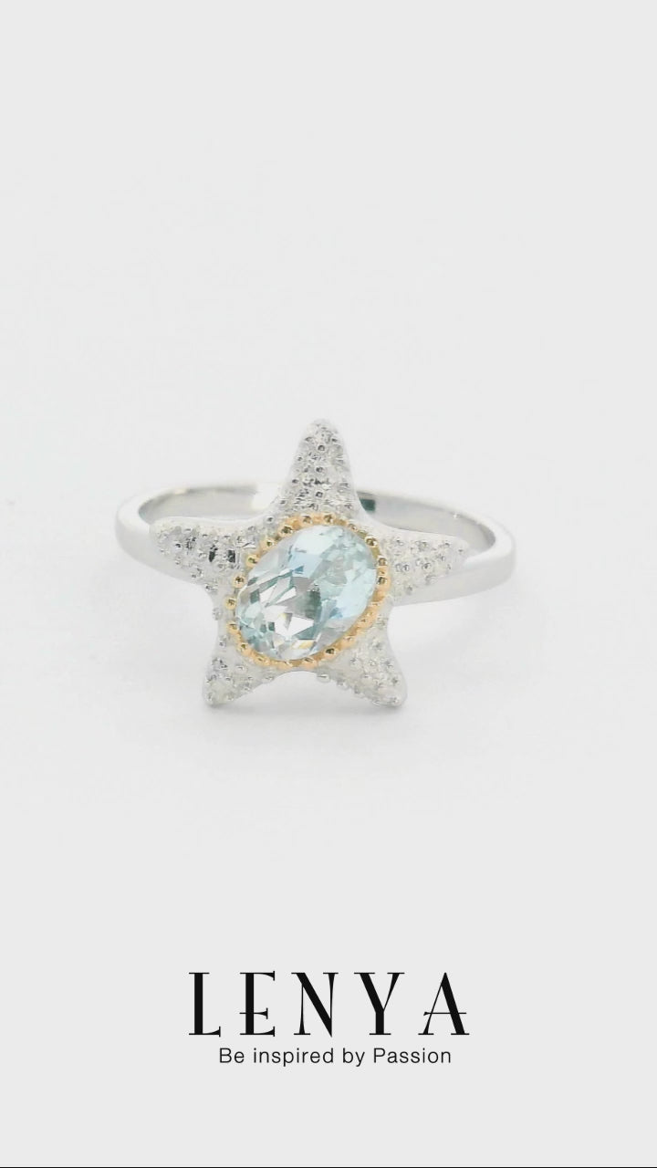LENYA แหวนดีไซน์ปลาดาวน่ารัก ประดับด้วยพลอย บลูโทแพซ(Blue Topaz)  ตัวเรือนเงินแท้ 925 ชุบด้วยทองคำขาว และ พิ้งค์โกลด์ที่ขอบพลอยสวยงาม ไม่เหมือนใคร