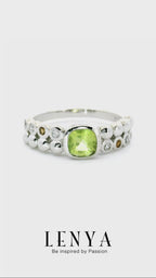 LENYA แหวนเงินแท้ ชุบทองขาว ประดับพลอยสีเขียวเพอริดอท(Peridot) ทรงสี่เหลี่ยม เม็ดกลมเล็กสีเหลือง ซิทริน ( Citrine) และ คิวบิกเซอร์โคเนีย (Cubic Zirconia) ดีไซน์สุดเก๋ เท่ห์แบบไม่ซ้ำใคร