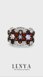 LENYA แหวนโกเมน(Garnet)  ประดับด้วยคิวบิกเซอร์โคเนีย (Cubic Zirconia) ตัวเรือนเงินแท้ 925 ชุบทองขาว
