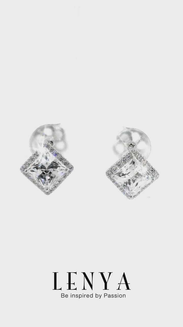 LENYA ต่างหู CZ จาก SWAROVSKI ทรงสี่เหลี่ยมน่ารัก ขนาด 4 มิล ตัวเรือนเงินแท้925 ชุบทองคำขาว