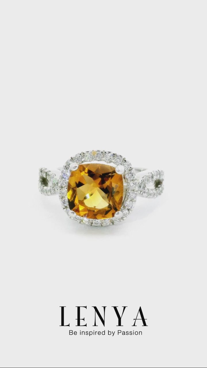 LENYA แหวนพลอยซิทริน(Citrine)  ชูช่อสวยงามด้วยบ่าข้างประดับเพชร DiamondLike บนตัวเรือนเงินแท้ชุบทองคำขาว