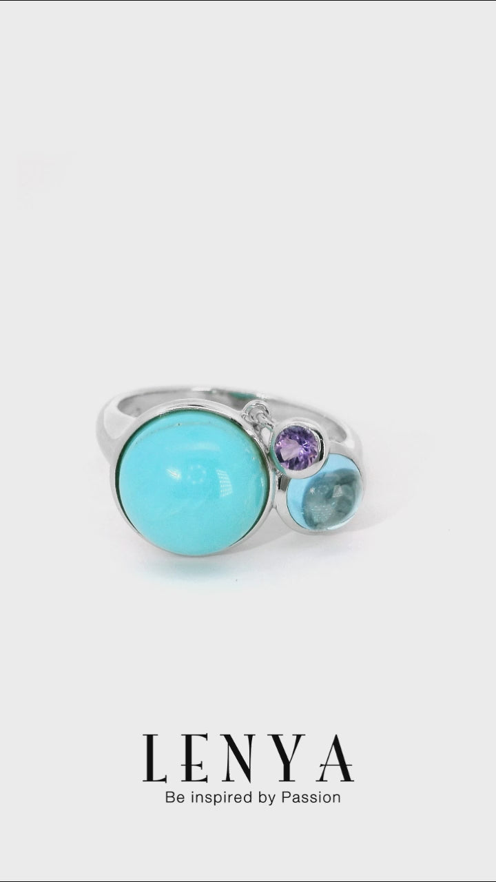 LENYA แหวนเทอร์ควอยซ์(Turquoise) บลูโทแพซ(Blue Topaz) เจียระไนหลังเบี้ย และ อเมทีสต์ (Amethyst) ตัวเรือนเงินแท้ 925 ชุบทองขาว