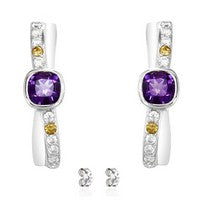 LENYA ต่างหูประดับอะเมทิสต์แท้ (Amethyst) สีม่วง ซิทรีนแท้ (Citrine) สีเหลือง และเพชร DiamondLike ตัวเรือนเงินแท้ชุบทองคำขาว